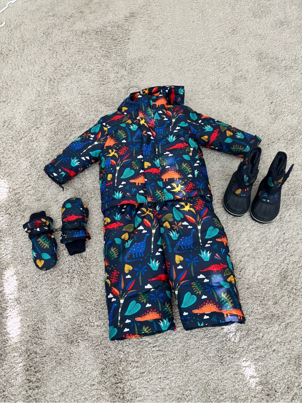 The Children's Place Navy Dino-Print Snow Bib with Red Fleece